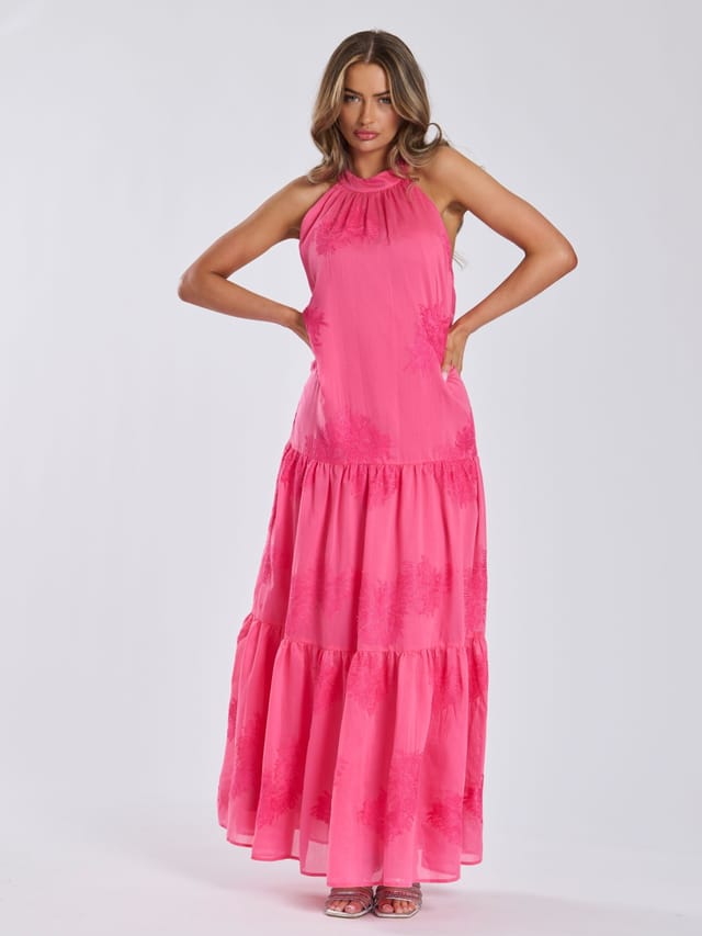 Finding Friday Finding Friday Women's Textured Halterneck Tiered Maxi Dress in Dark Pink - 2