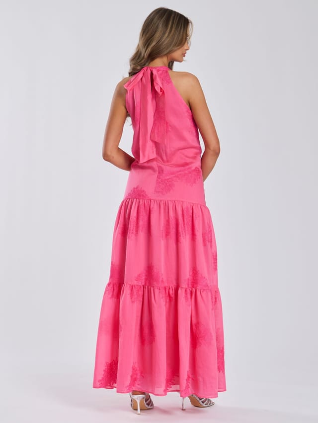 Finding Friday Finding Friday Women's Textured Halterneck Tiered Maxi Dress in Dark Pink - 3
