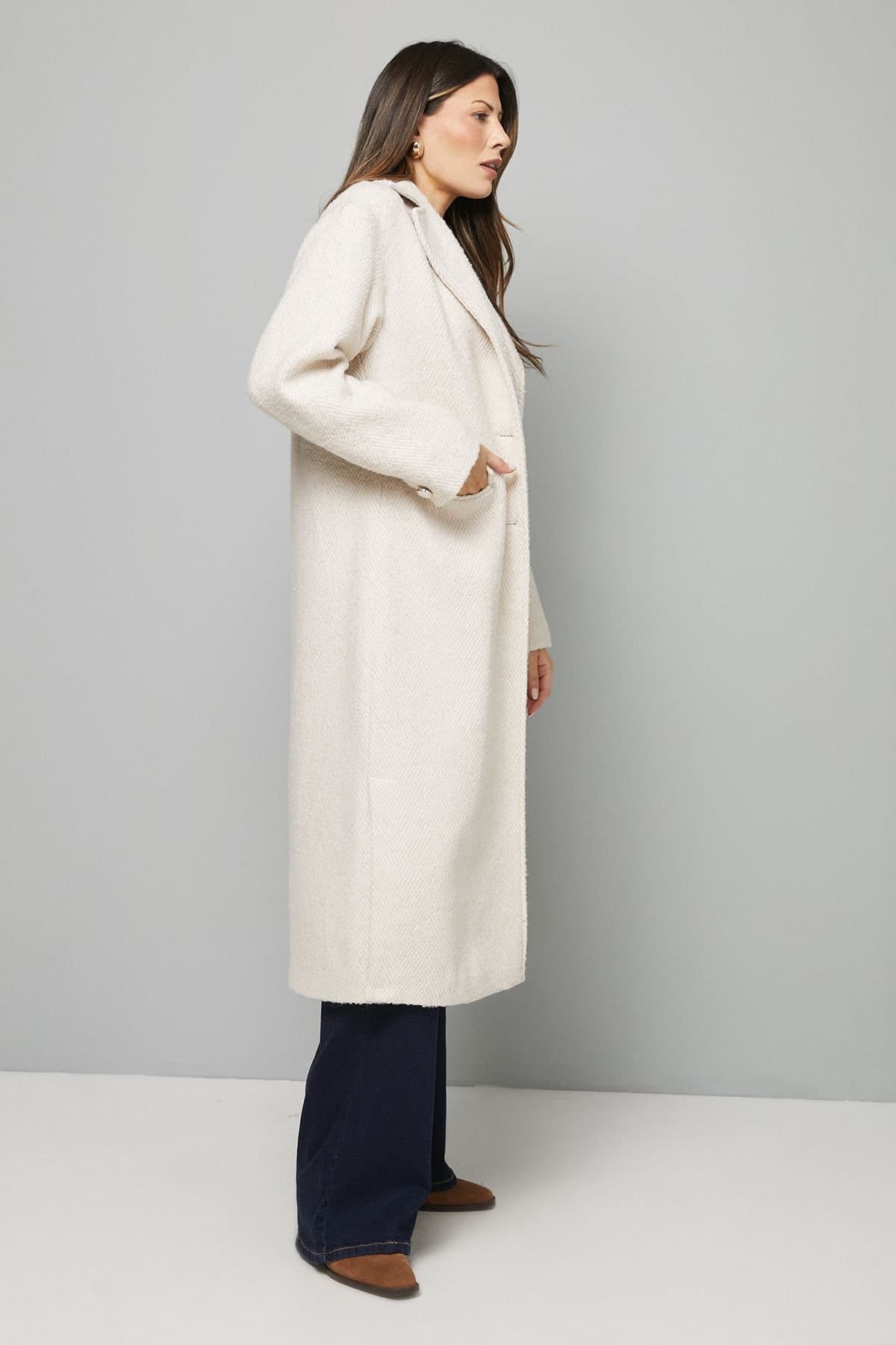 Wallis Wallis Women's Textured Single Breasted Midi Coat in Cream