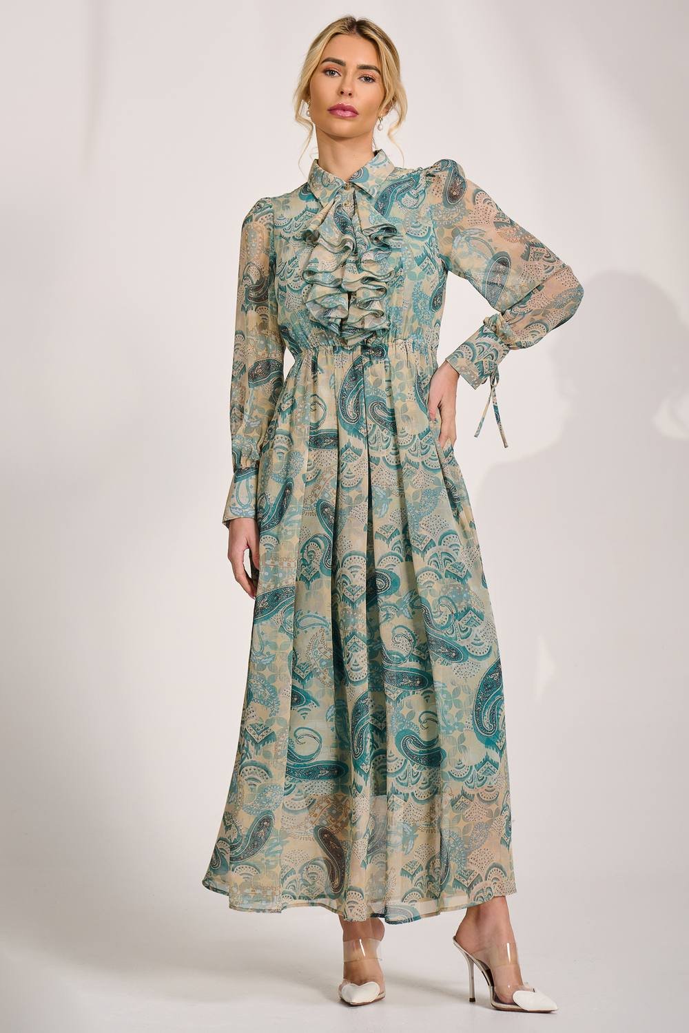 Jolie Moi Jolie Moi Women's Long Sleeve Ruffle Chiffon Shirt Maxi Dress in Teal - 3