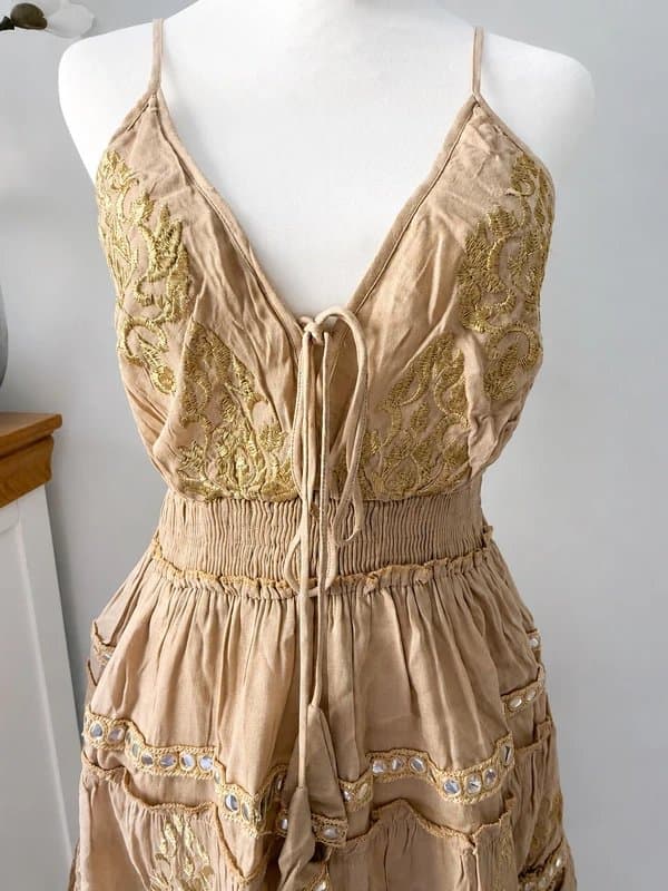 Papa Pia Papa Pia Luxe Beige & Gold Embroidered Boho Dress – New With Tags