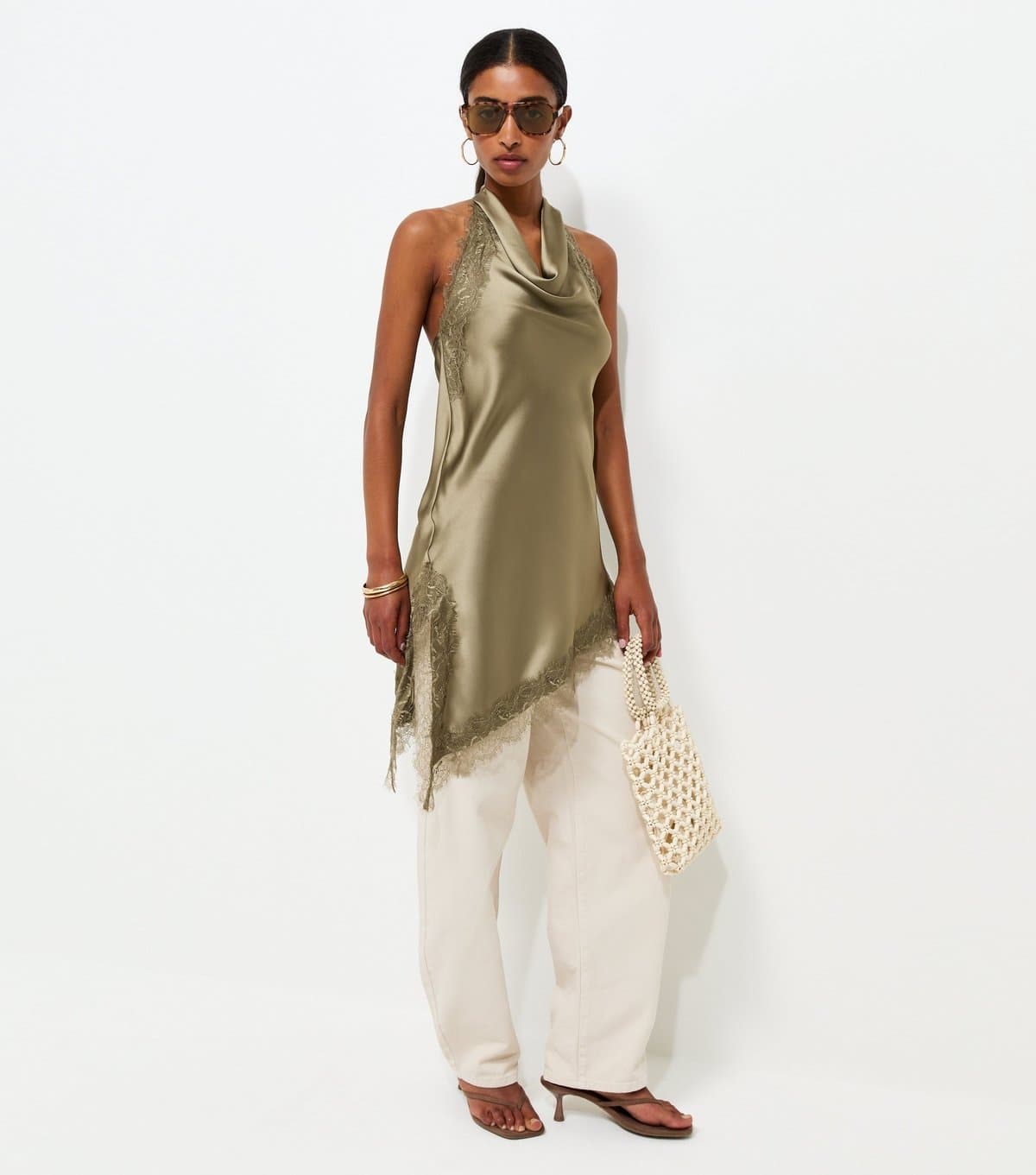 New Look Women's Dark Khaki Satin Lace Trim Asymmetric Hem Cowl Neck Top New Look