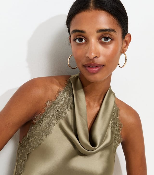 New Look Women's Dark Khaki Satin Lace Trim Asymmetric Hem Cowl Neck Top New Look - 2
