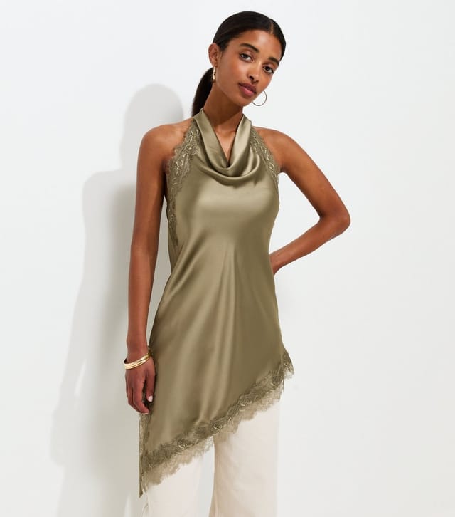 New Look Women's Dark Khaki Satin Lace Trim Asymmetric Hem Cowl Neck Top New Look - 3