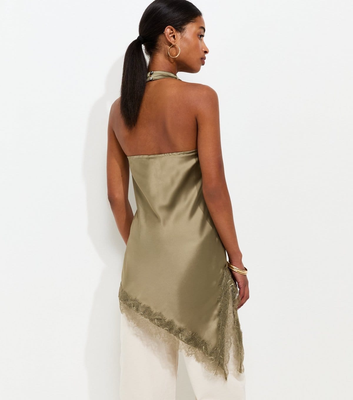 New Look Women's Dark Khaki Satin Lace Trim Asymmetric Hem Cowl Neck Top New Look - 4