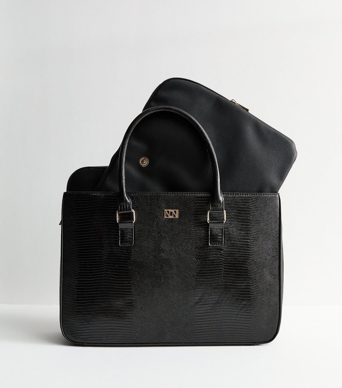 New Look Black Leather-Look Laptop Tote Bag Vegan New Look