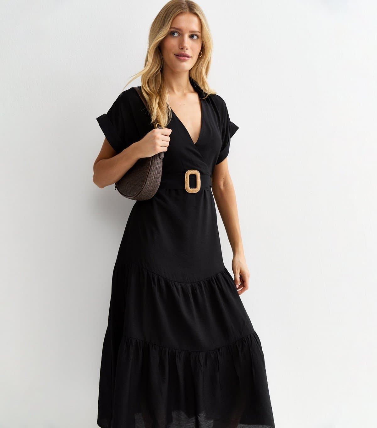 New Look Women's Black Tiered Belted Midi Dress New Look