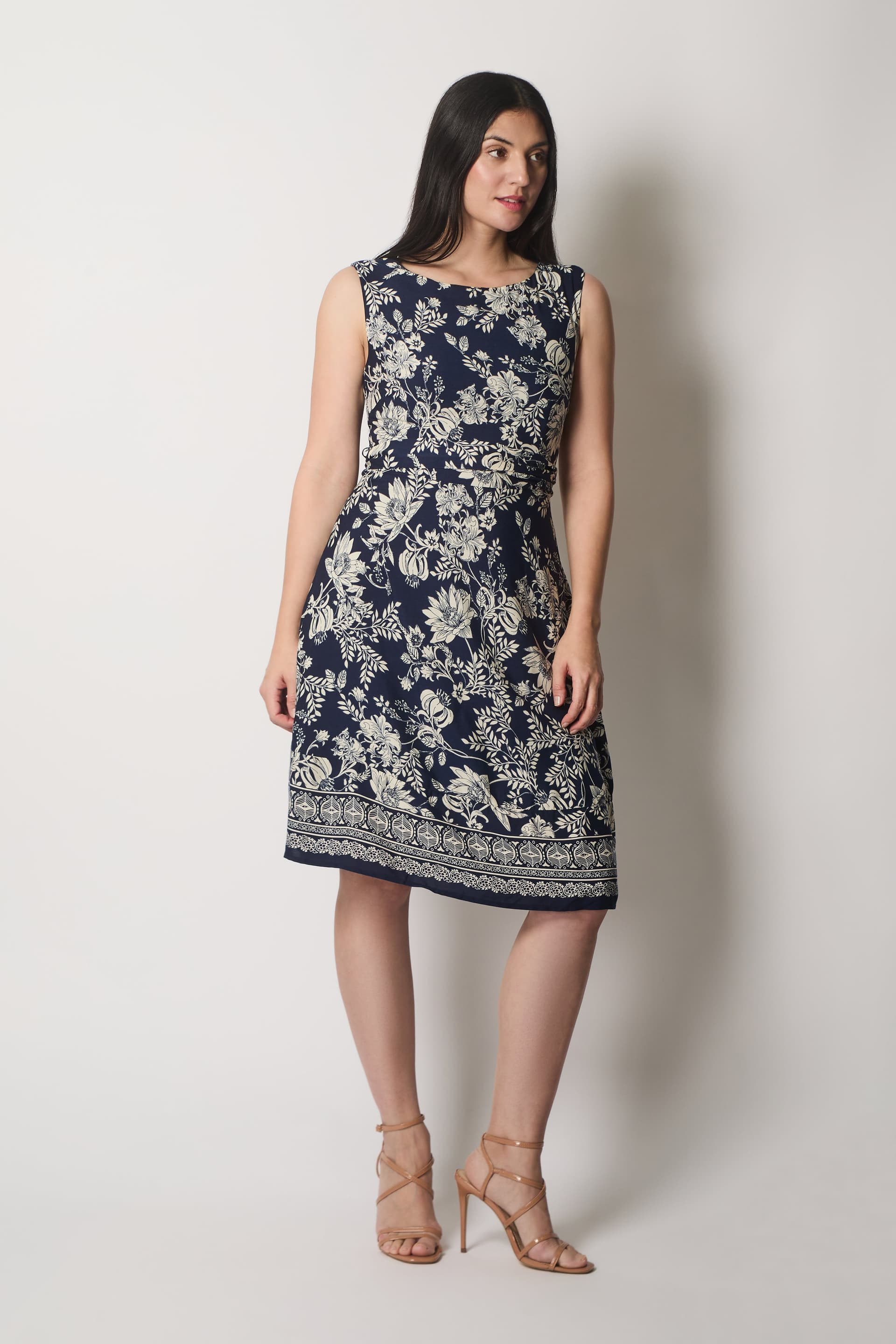 SOLO SOLO Women's Floral Print Sleeveless Dress with Border Detail in Navy