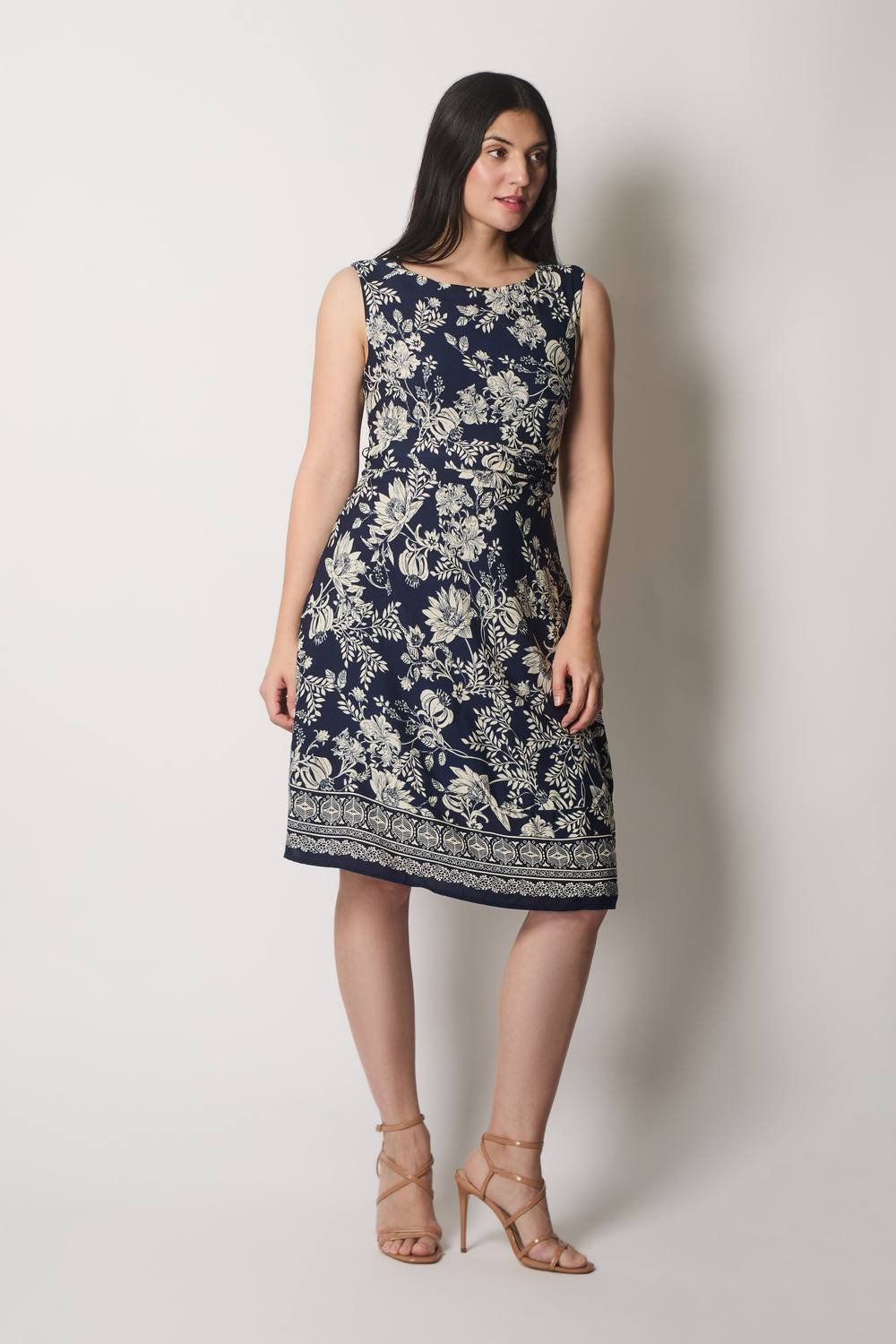 SOLO SOLO Women's Floral Print Sleeveless Dress with Border Detail in Navy - 2