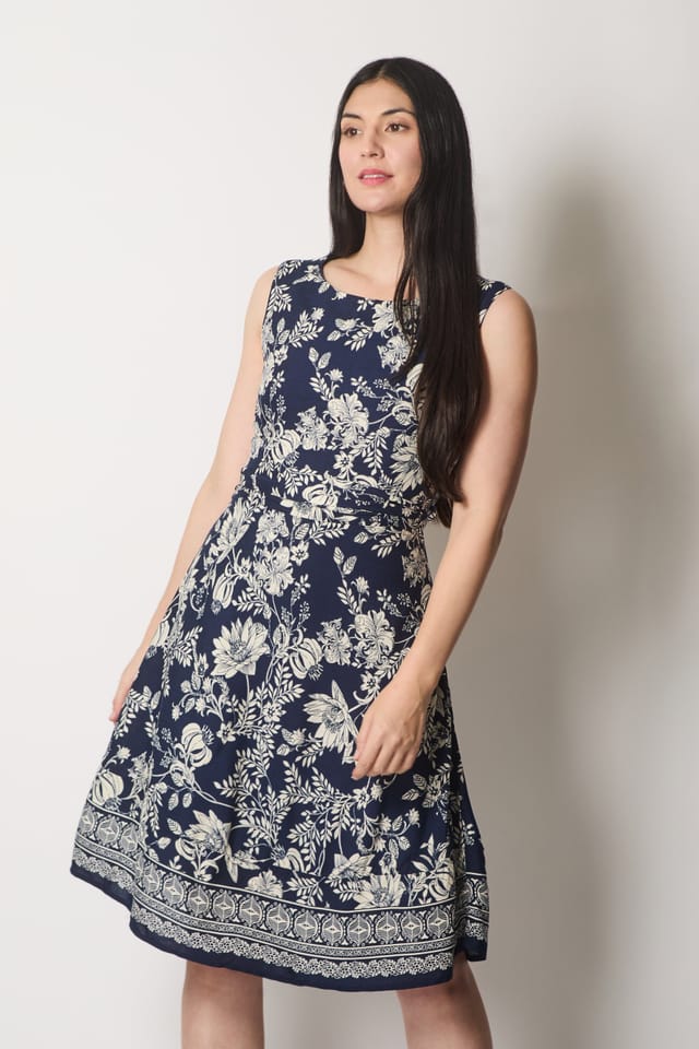 SOLO SOLO Women's Floral Print Sleeveless Dress with Border Detail in Navy - 2