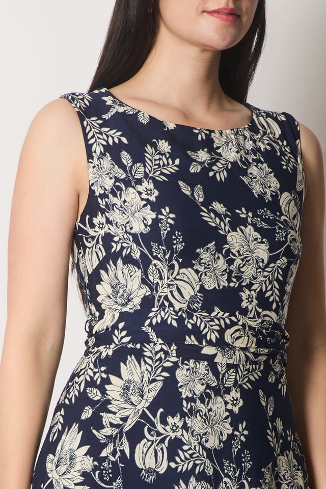 SOLO SOLO Women's Floral Print Sleeveless Dress with Border Detail in Navy - 3