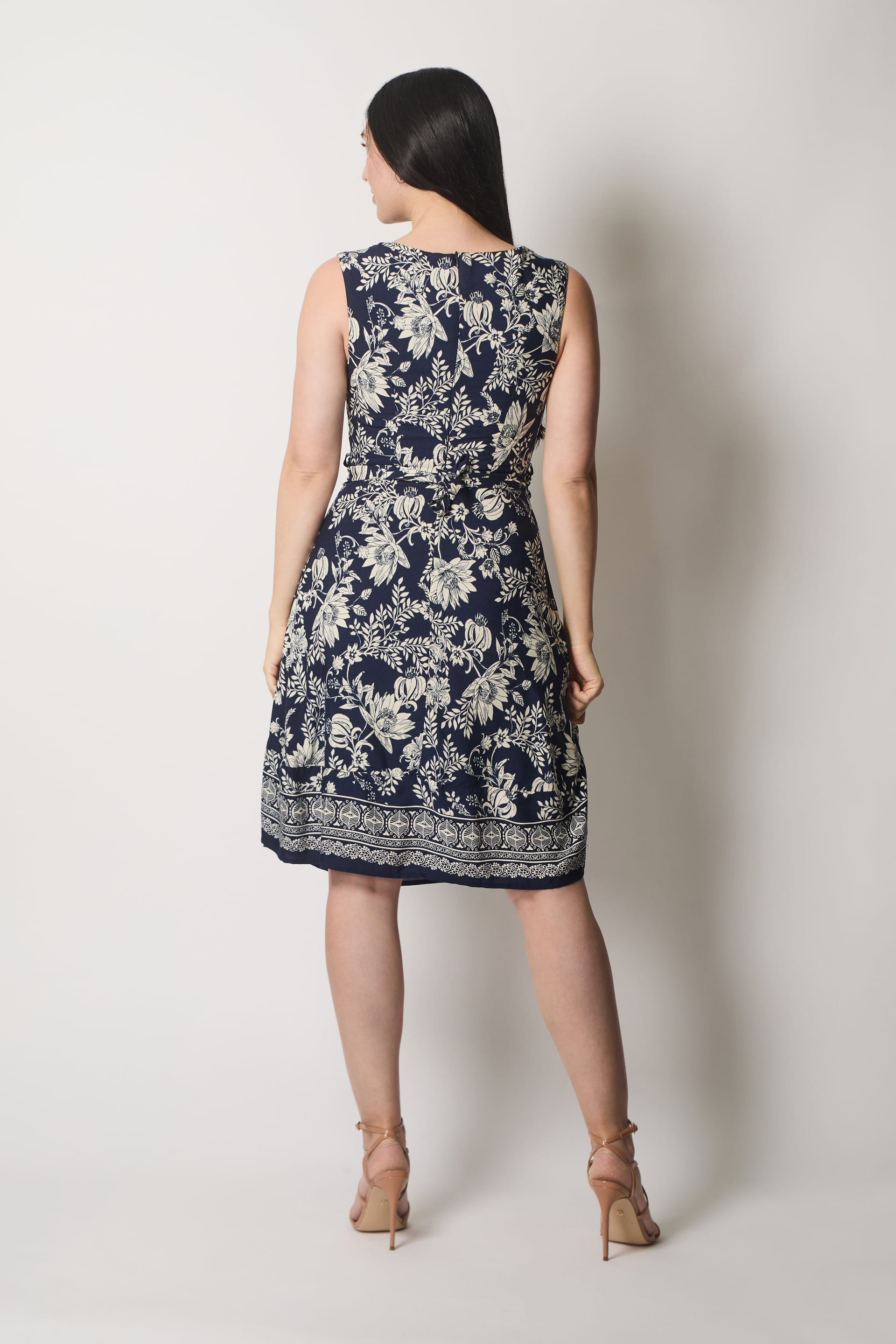SOLO SOLO Women's Floral Print Sleeveless Dress with Border Detail in Navy - 4