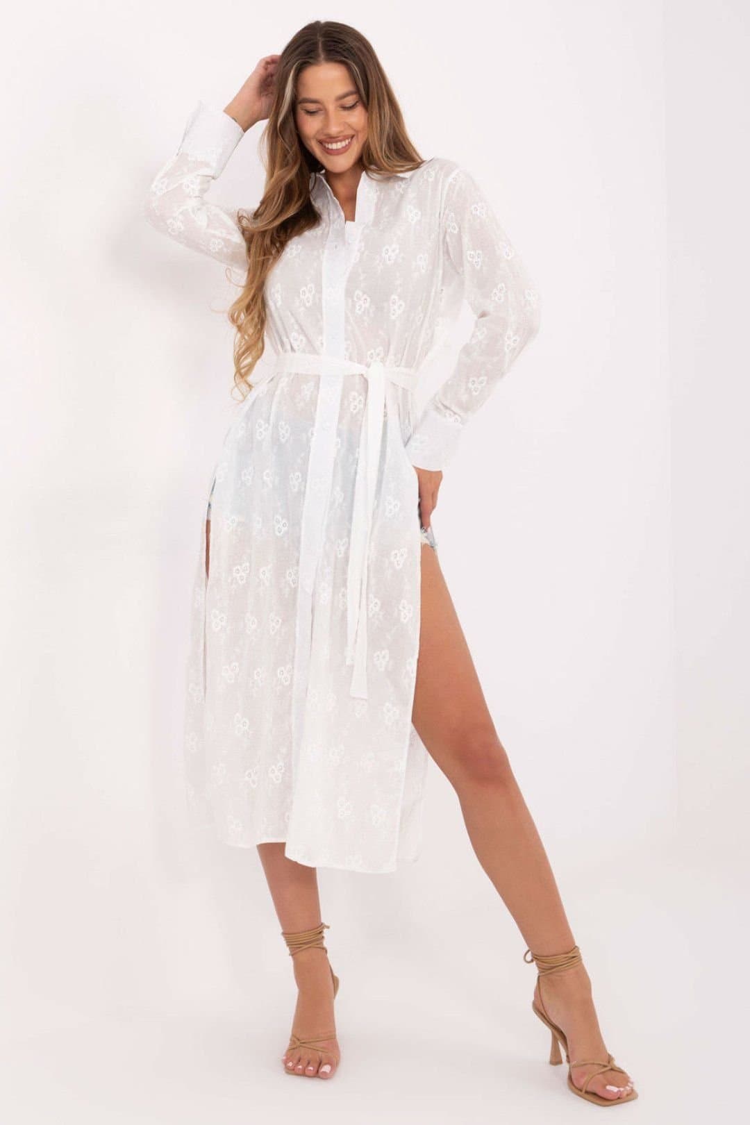Love Lace Love Lace Women's Cotton Long Sleeve Shirt with Floral Tie Belt in White