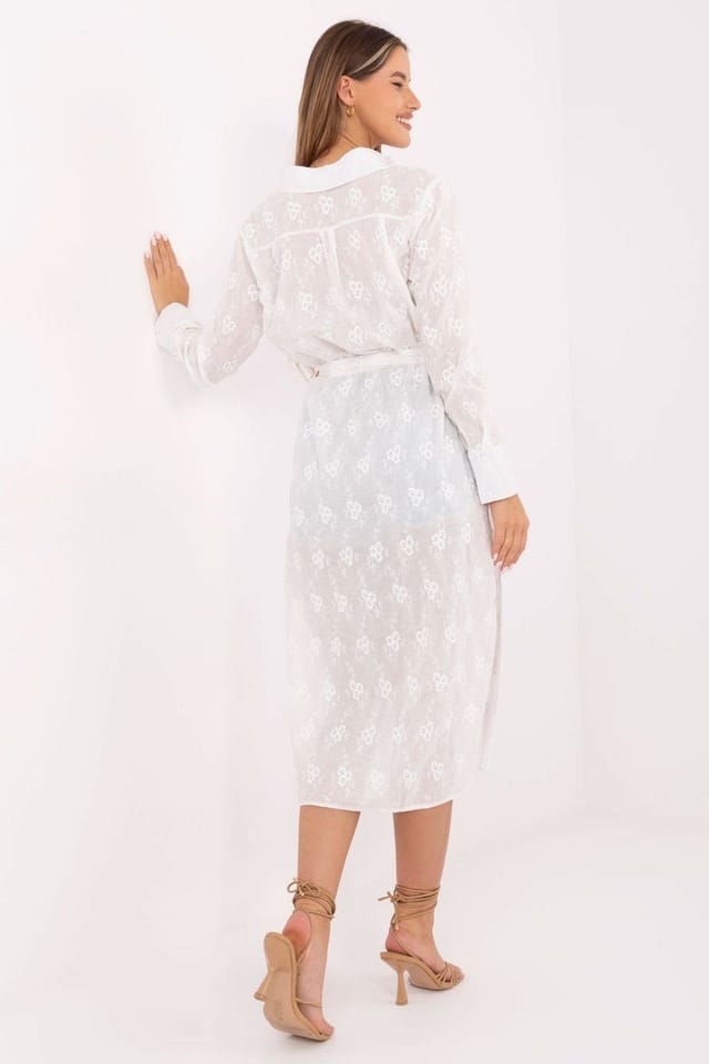 Love Lace Love Lace Women's Cotton Long Sleeve Shirt with Floral Tie Belt in White - 3