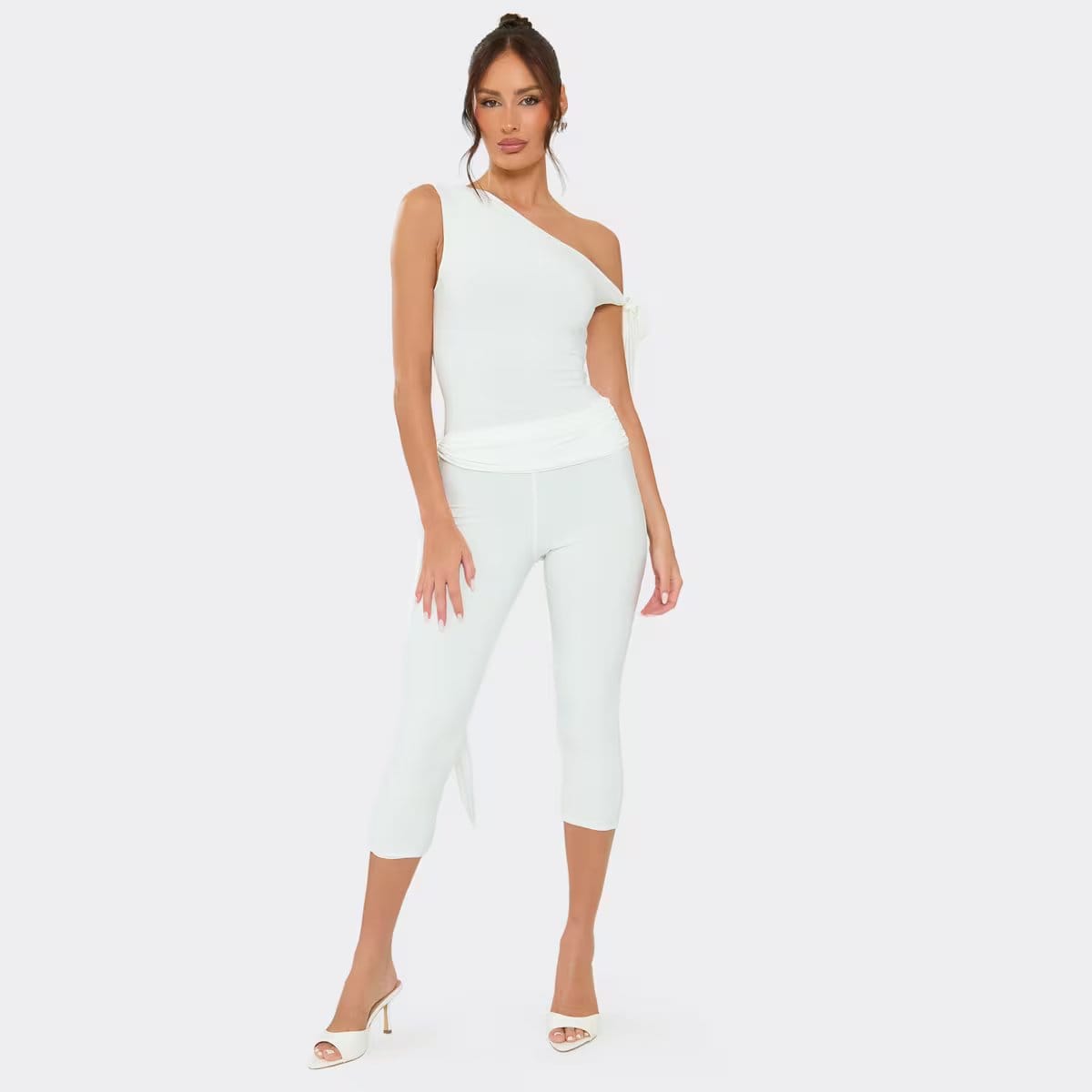 EGO Off The Shoulder Tie Detail Draped Front Capri Jumpsuit In White, Women's Size UK 6 - 1