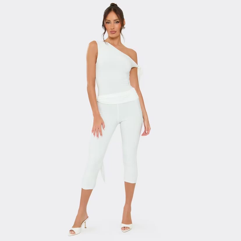 EGO Off The Shoulder Tie Detail Draped Front Capri Jumpsuit In White, Women's Size UK 6 - 1