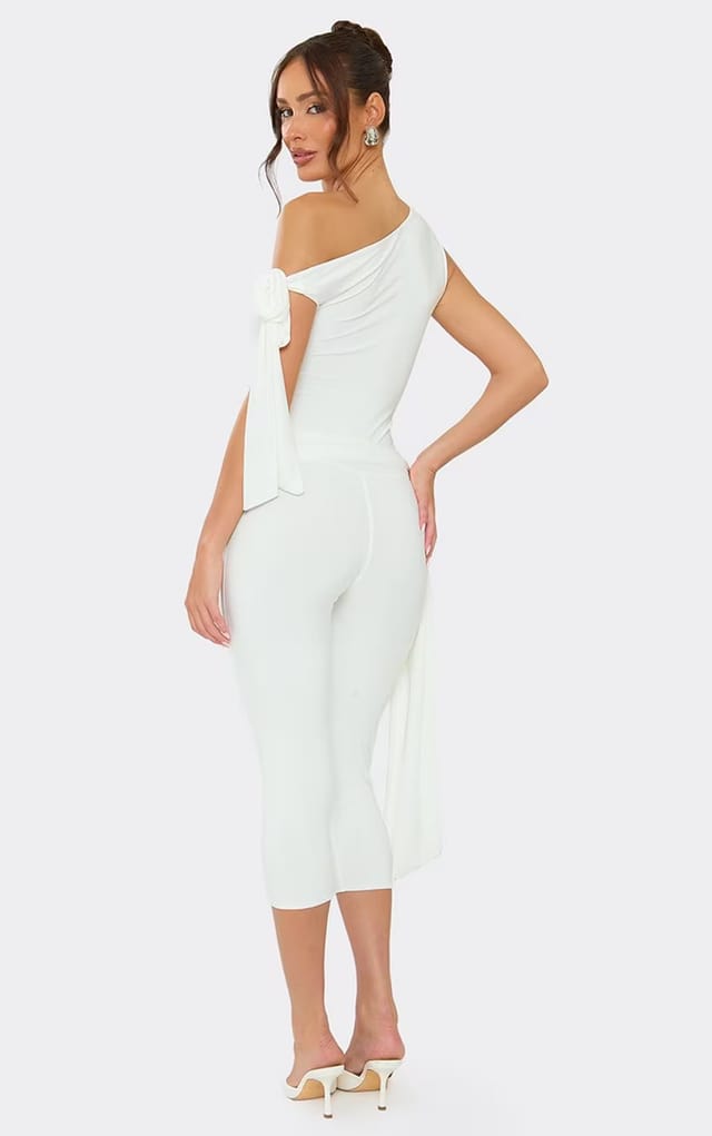 EGO Off The Shoulder Tie Detail Draped Front Capri Jumpsuit In White, Women's Size UK 6 - 2
