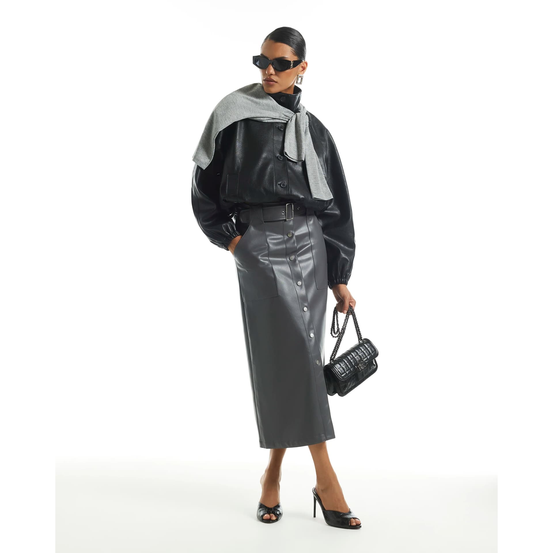 River Island River Island Womens Grey Faux Leather Utility Belted Midi Skirt