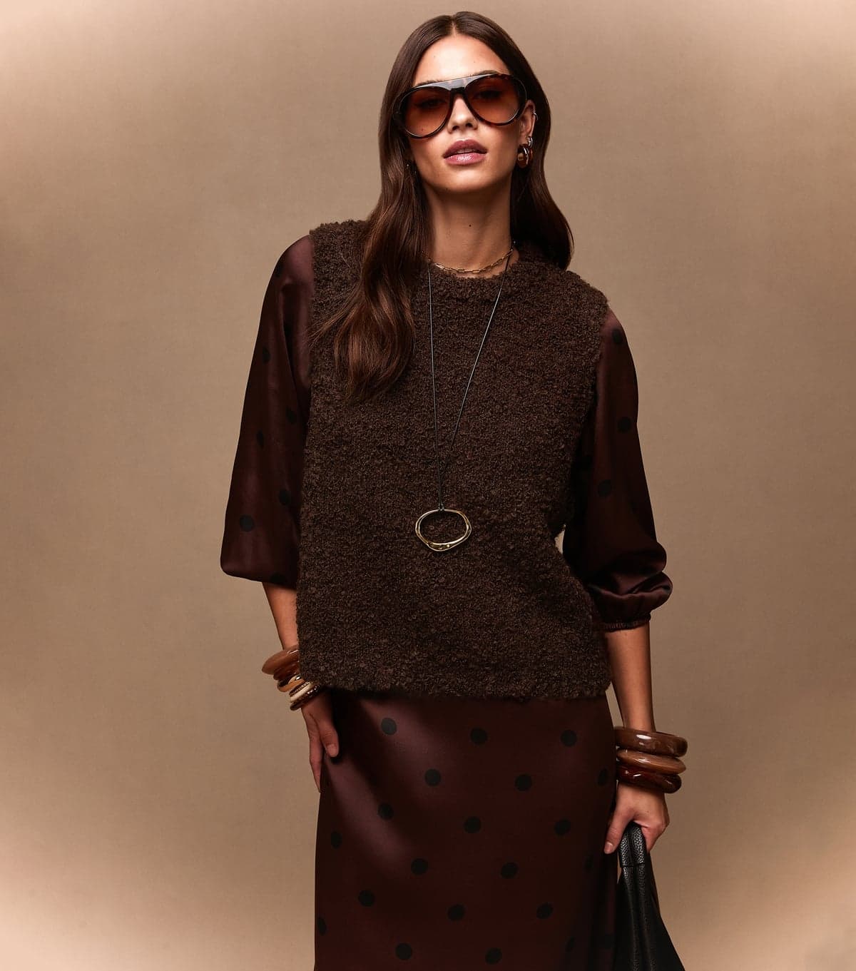 New Look Women's Dark Brown Boucle Textured Knit Tabard Vest New Look