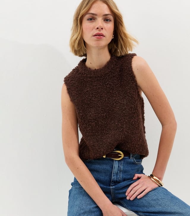 New Look Women's Dark Brown Boucle Textured Knit Tabard Vest New Look - 2