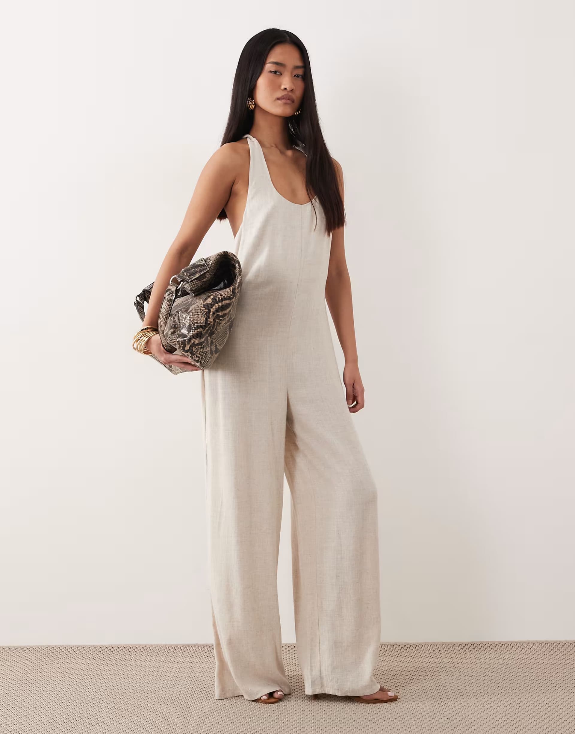 ASOS ASOS DESIGN wide leg jumpsuit with twist back in stone