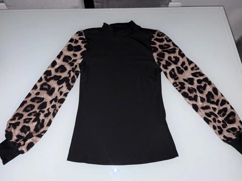 boutique imexn NEW luxury boutique leopard print long sleeve top high polo neck ribbed black turtleneck size 8 - 10