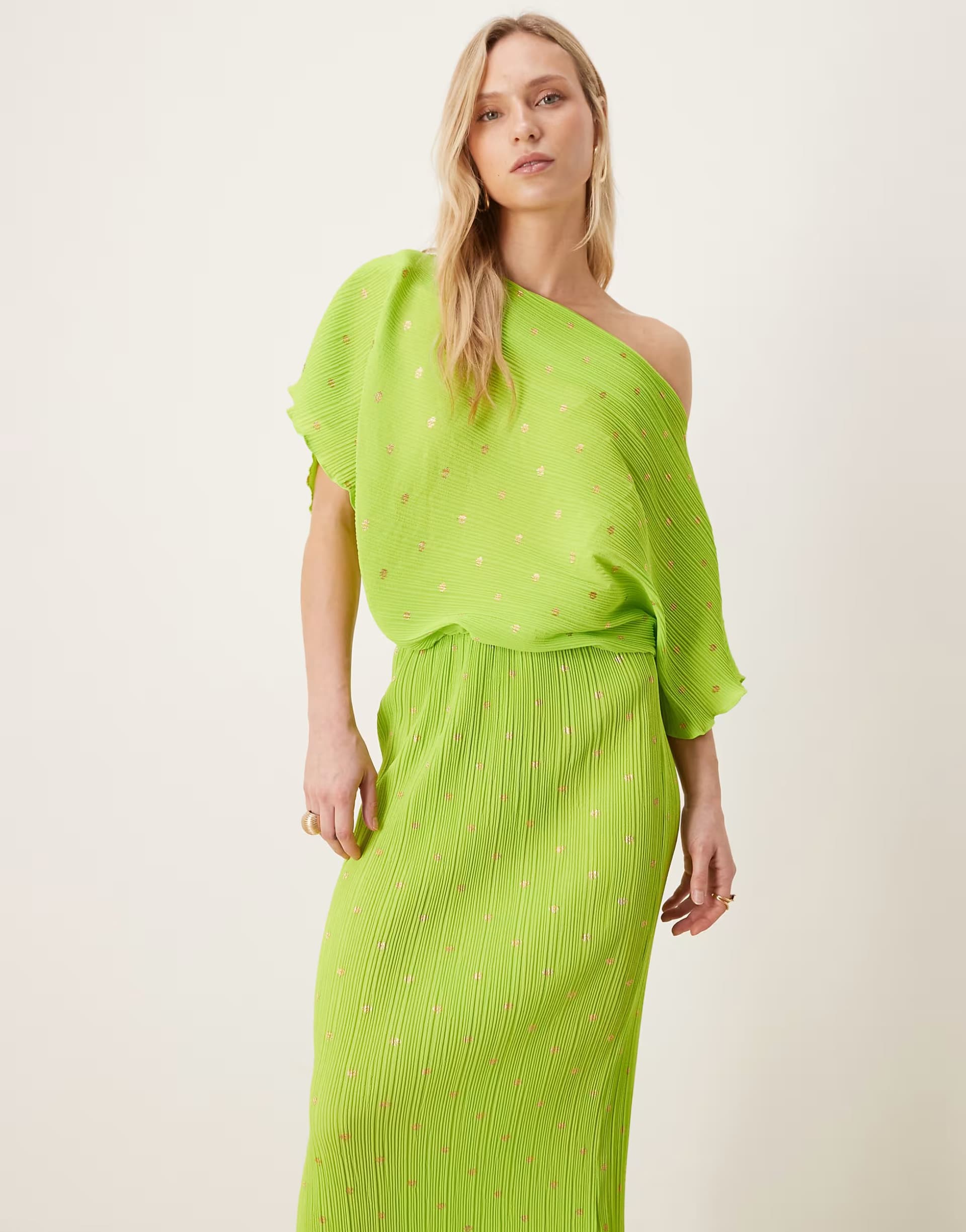 ASOS Never Fully Dressed Petite Tilly off shoulder plisse maxi dress in metalic lime spot