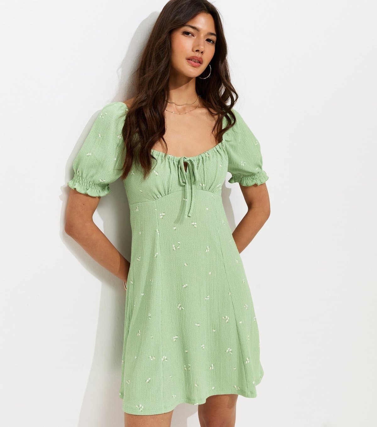 New Look Women's Green Polka Dot Crinkle Texture Milkmaid Mini Dress New Look