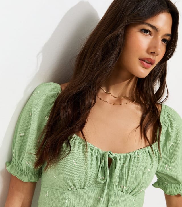 New Look Women's Green Polka Dot Crinkle Texture Milkmaid Mini Dress New Look - 2
