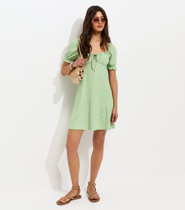 New Look Women's Green Polka Dot Crinkle Texture Milkmaid Mini Dress New Look - 3
