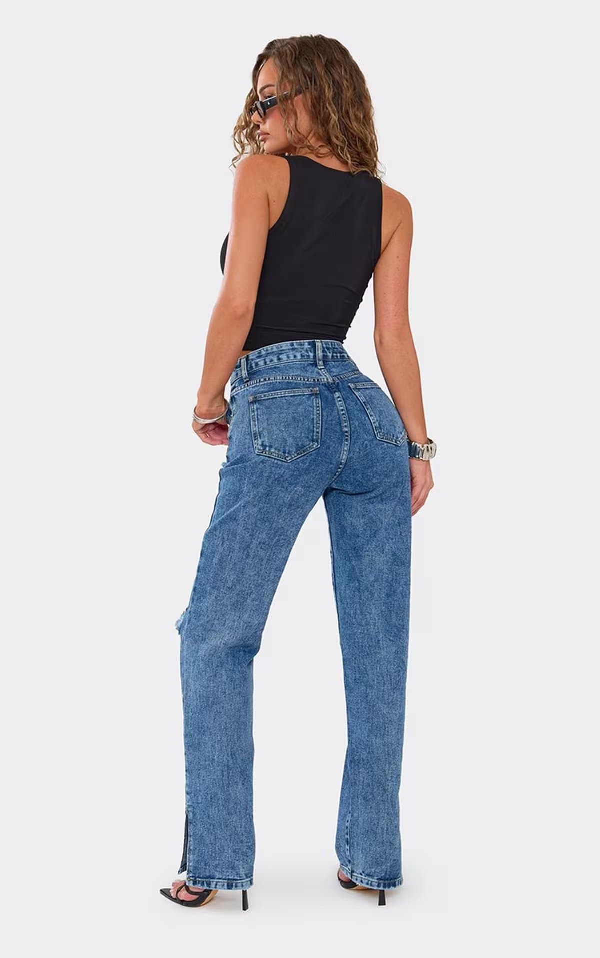 EGO Split Hem Distressed Detail Jeans In Blue Denim., Women's Size UK 4