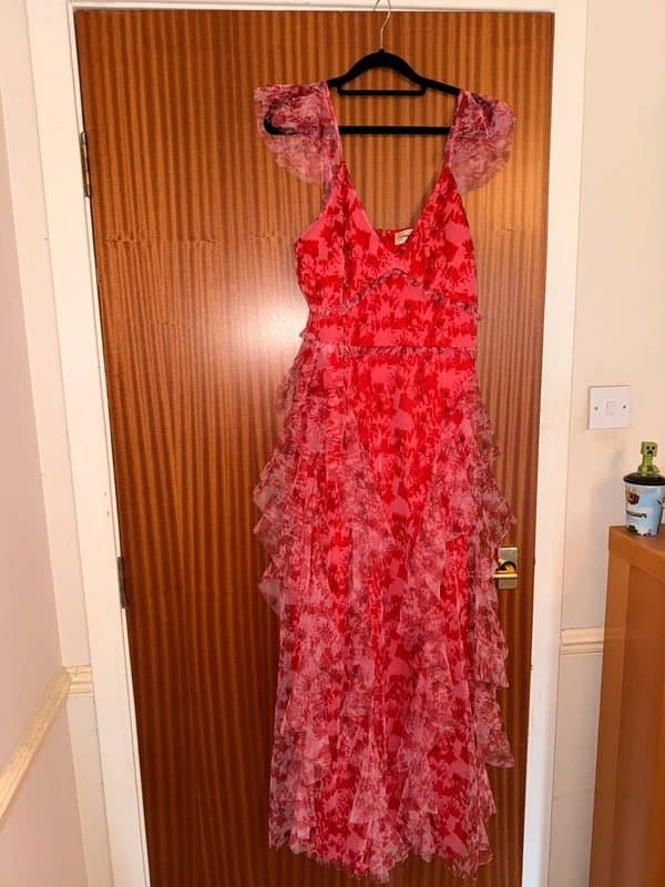 Lace & Beads Lace and Beads tulle ruffle midaxi dress in red and pink floral