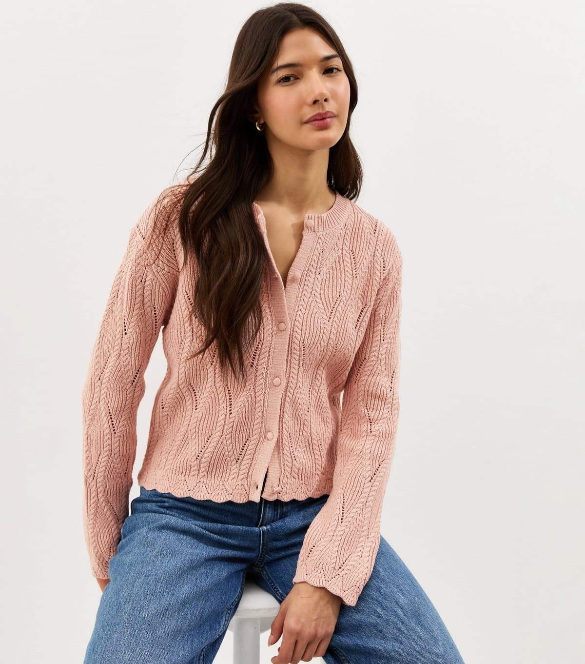 New Look Women's Pink Cotton Rich Ladder Stitch Scallop Trim Knitted Cardigan New Look