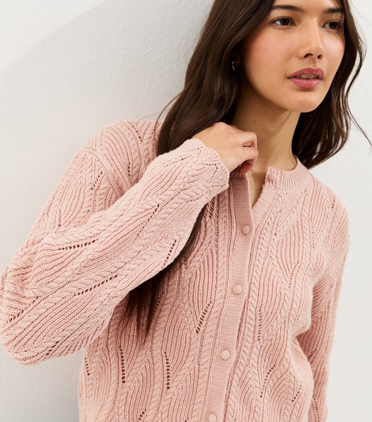 New Look Women's Pink Cotton Rich Ladder Stitch Scallop Trim Knitted Cardigan New Look - 2