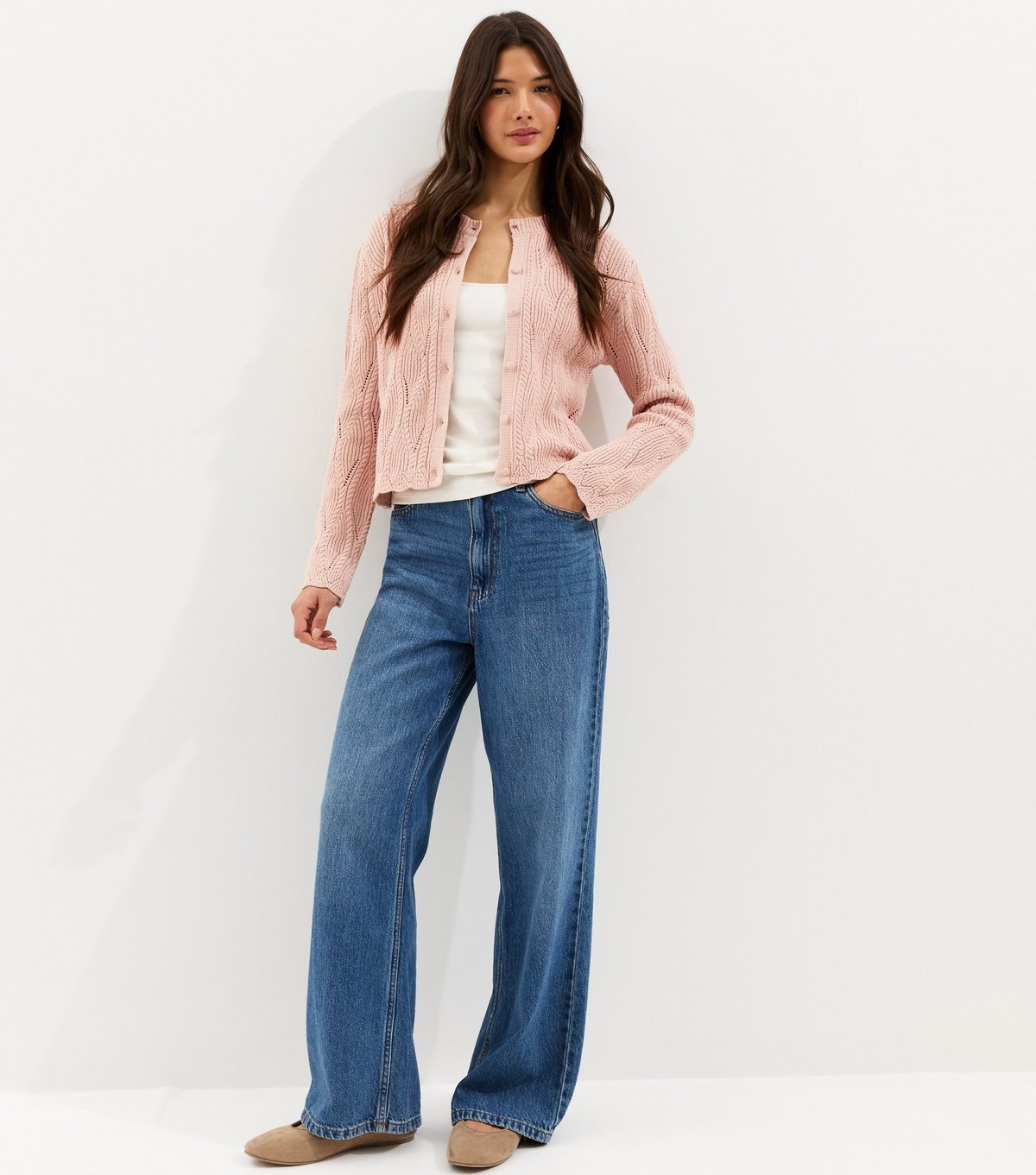 New Look Women's Pink Cotton Rich Ladder Stitch Scallop Trim Knitted Cardigan New Look - 3