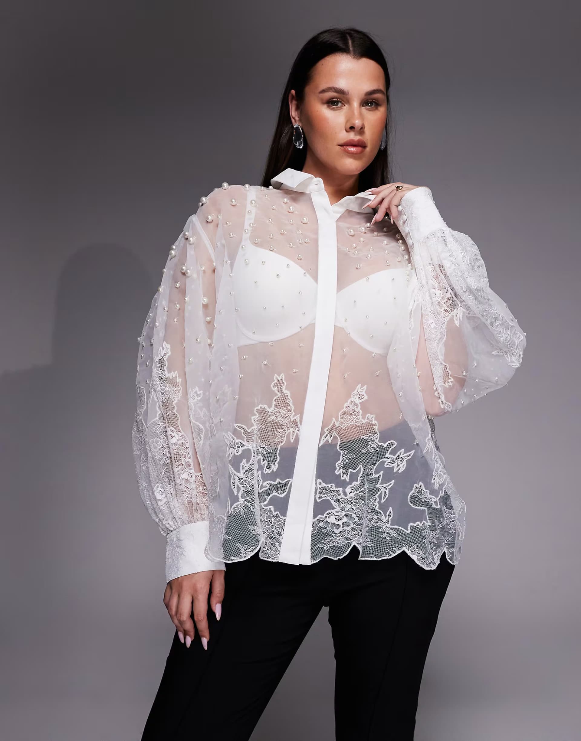 ASOS ASOS LUXE Curve organza and lace mix pearl embellished shirt in white