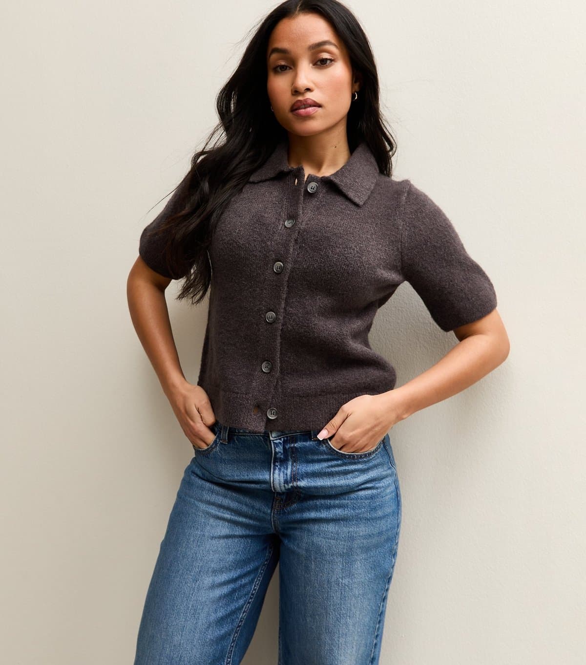 New Look Women's Petite Light Purple Collared Short Sleeve Cardigan New Look