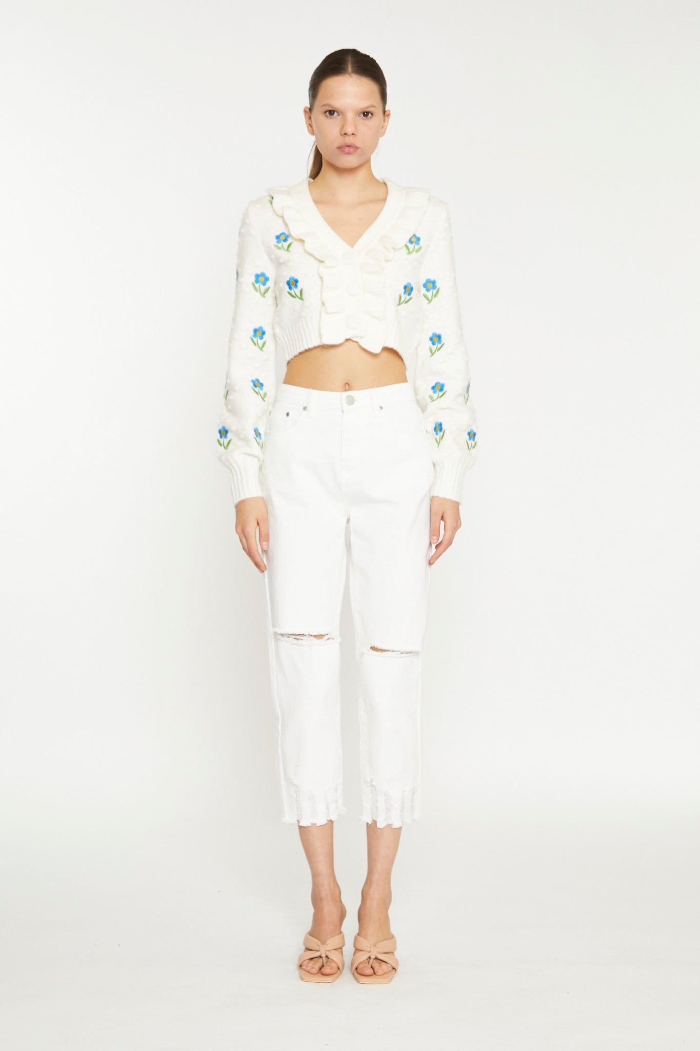 Shnoo Cream Ruffle Embroidered Cardigan