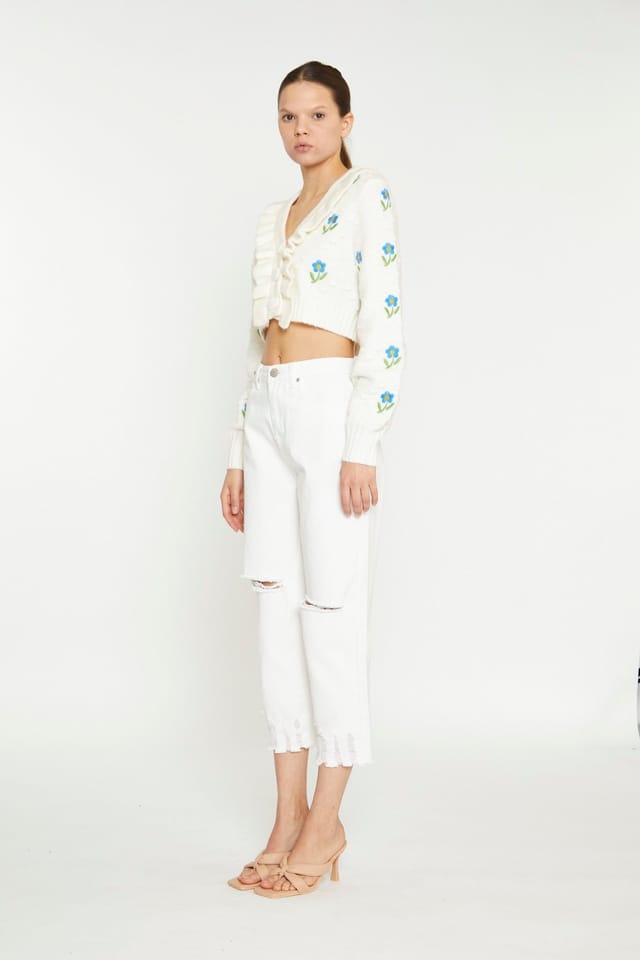 Shnoo Shnoo Women's Ruffle Embroidered Cardigan in Cream - 3