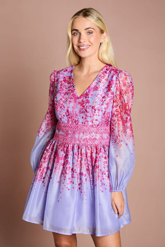 Coast Coast Women's Petite Organza Floral Placement Lace Trim Mini Dress in Lilac - 2