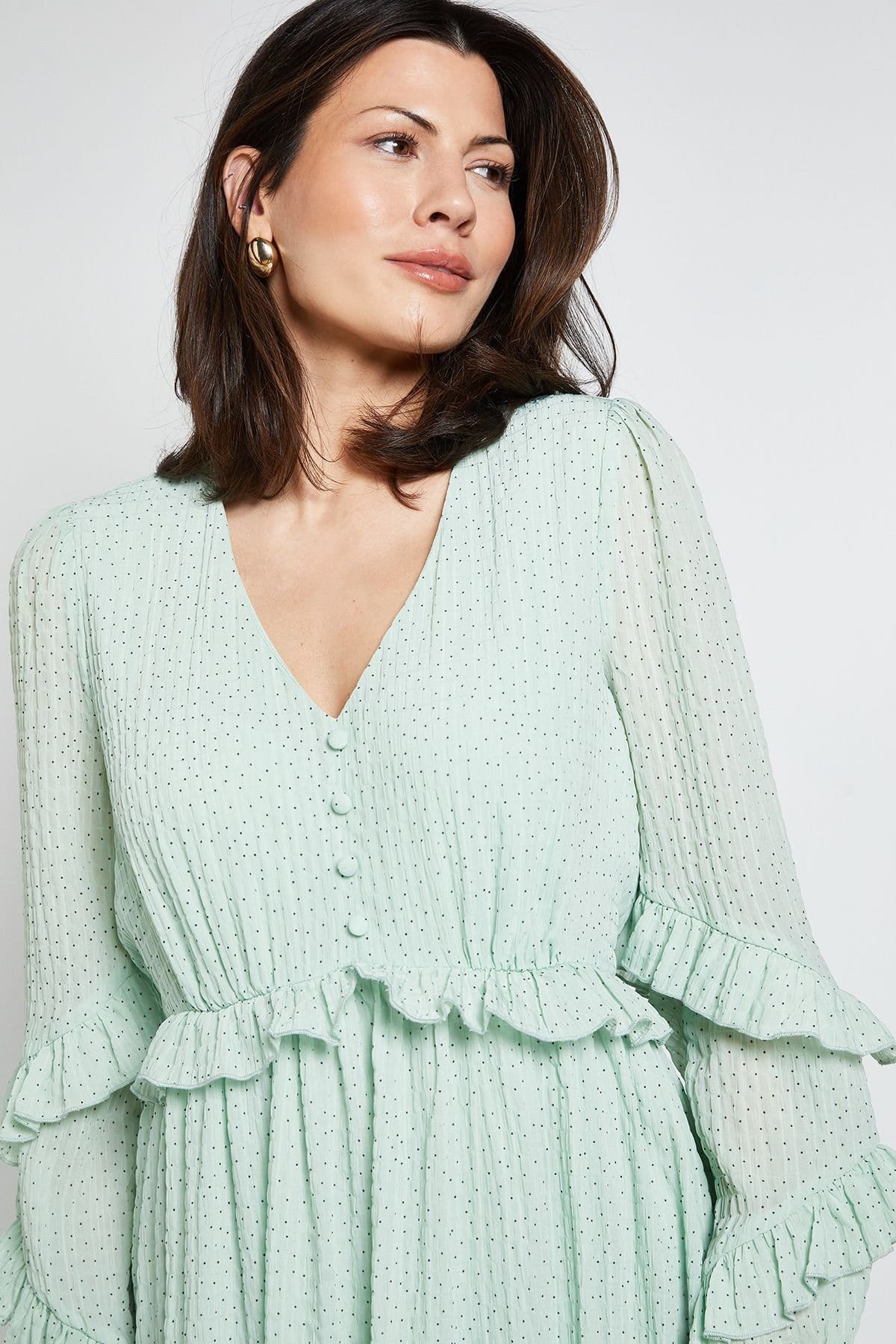 Wallis Wallis Women's Textured Polka Dot Ruffle Midi Dress in Sage - 4