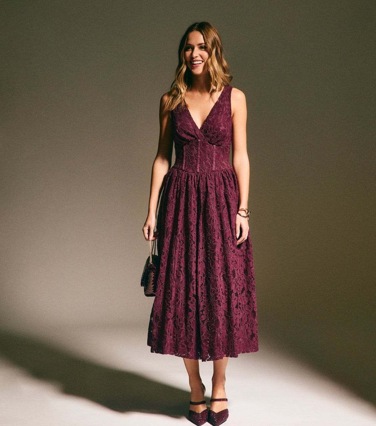 New Look Dark Burgundy Lace Corset Midi Dress