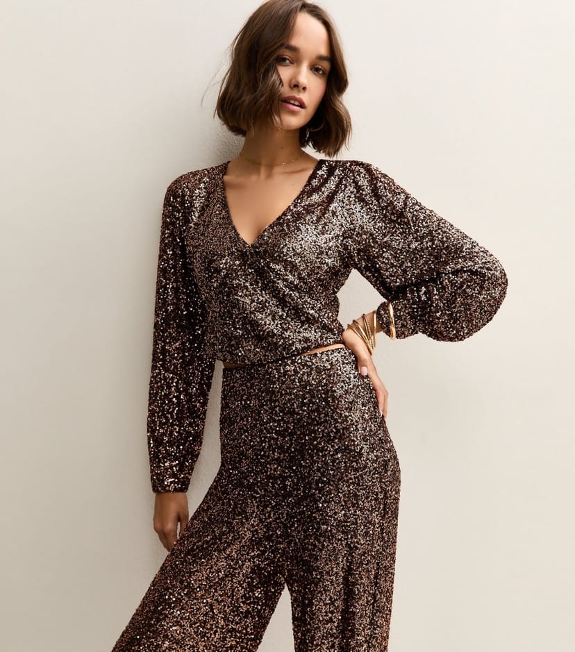 New Look Women's Mid Brown Sequinned Long Sleeve Top New Look - 1