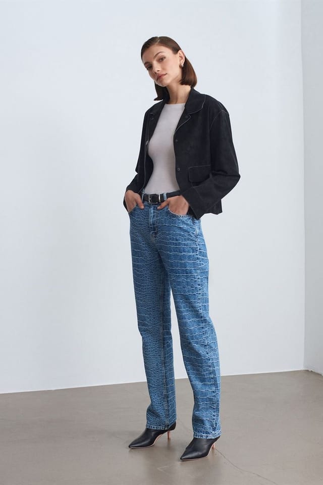 Dilvin Dilvin Women's High-Waist Straight Leg Textured Jeans in Mid Blue - 3