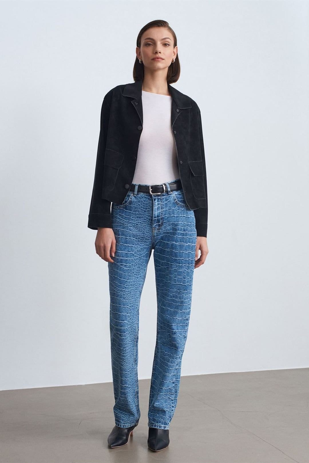 Dilvin Dilvin Women's High-Waist Straight Leg Textured Jeans in Mid Blue - 4