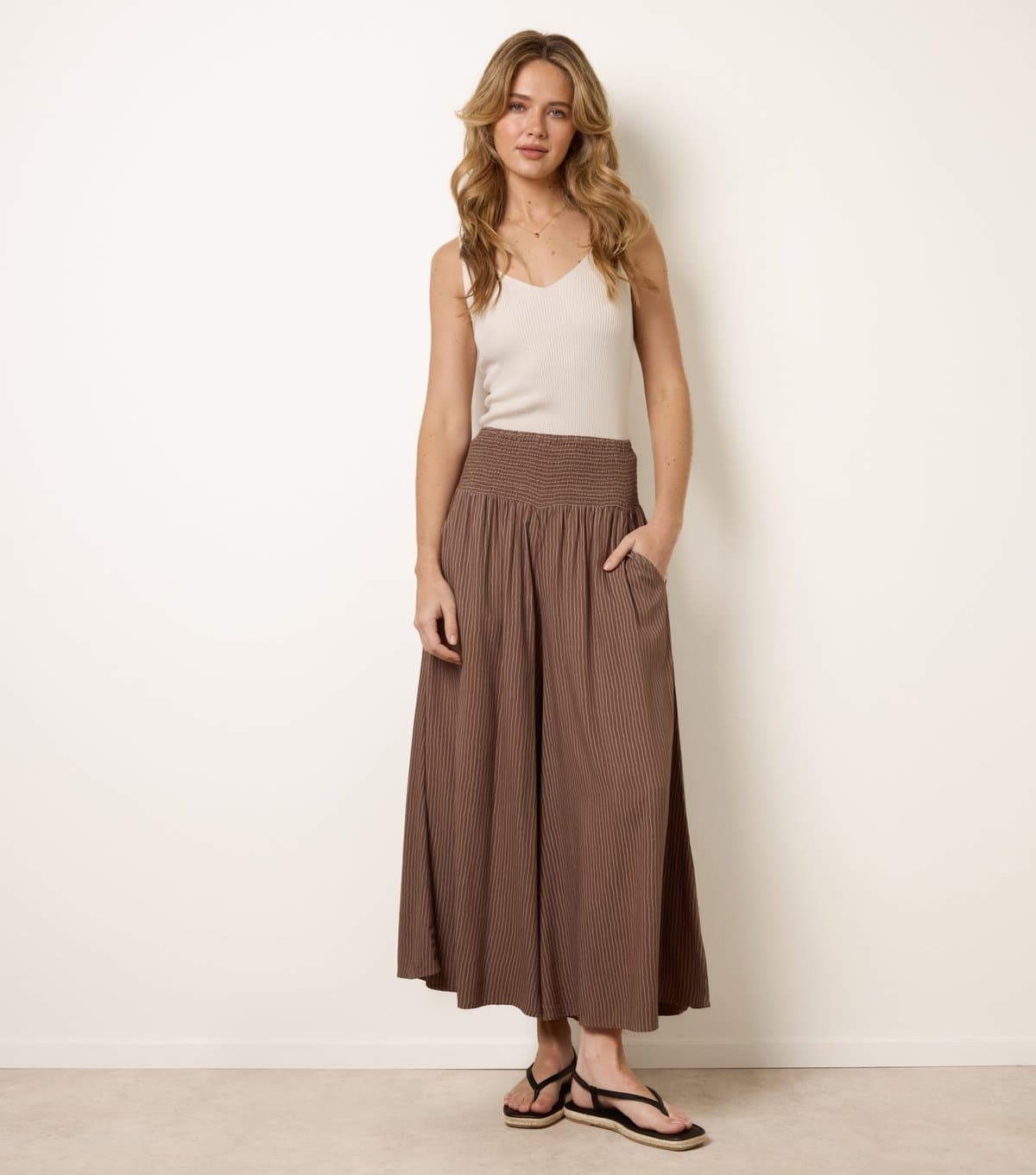 Blue Vanilla Blue Vanilla Light Brown Striped Shirred Waist Wide Leg Trousers