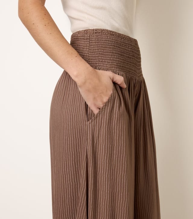 Blue Vanilla Women's Light Brown Striped Shirred Waist Wide Leg Trousers Blue Vanilla New Look - 3