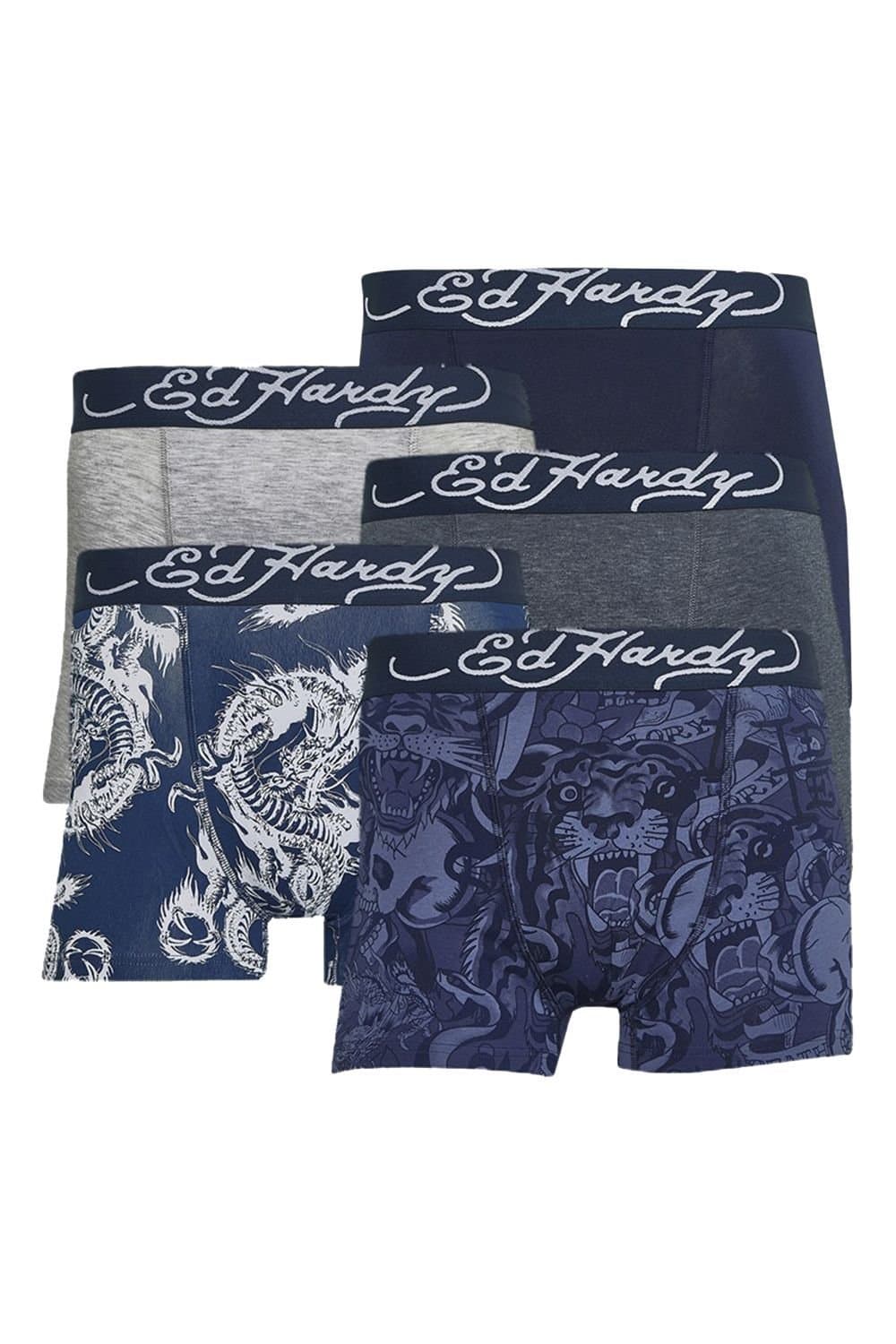 Ed Hardy Ed Hardy Men's 5 Pack Cotton Rich Stretch Boxers Elastic Waistband Blue Underwear