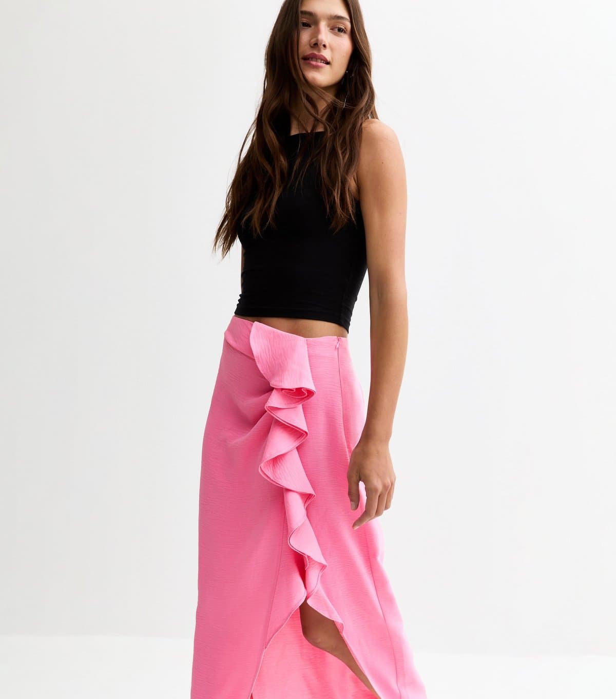 New Look New Look Bright Pink Textured Ruffle Side Midi Skirt