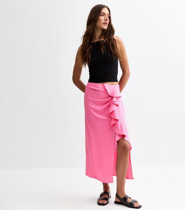 New Look Women's Bright Pink Textured Ruffle Side Midi Skirt New Look - 2